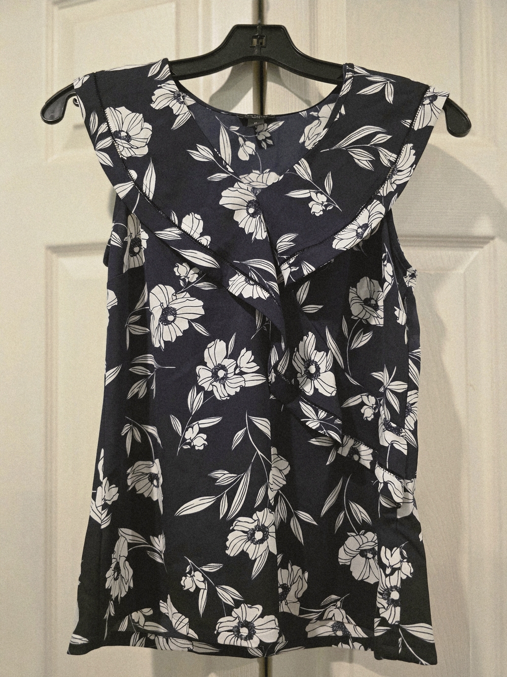 Navy and White Floral Ruffle Trim Blouse